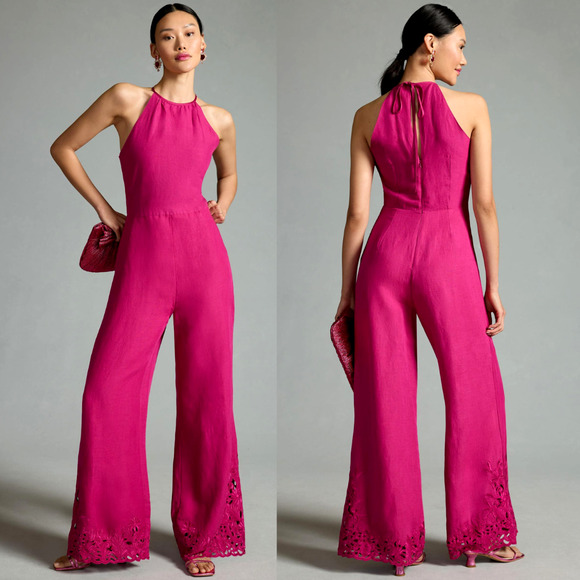 NWT Anthropologie Pink Linen Jumpsuit - Size 16 - Picture 1 of 6